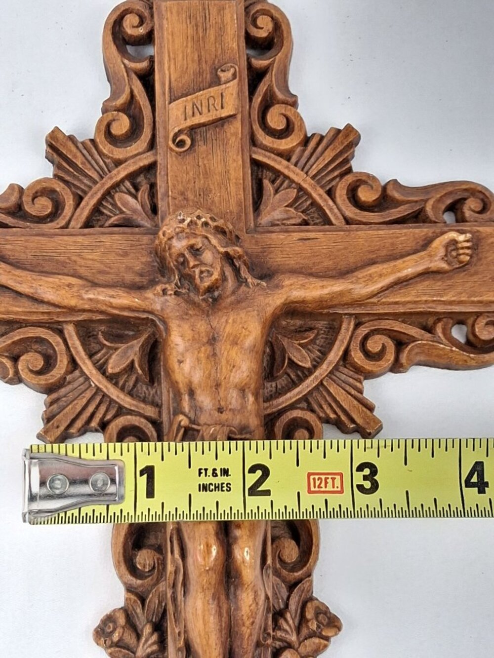 Vtg Burwood Faux Wood Ornate Jesus Crucifix w/INRI Religious Cross 13" x 8.5" - Picture 4 of 14